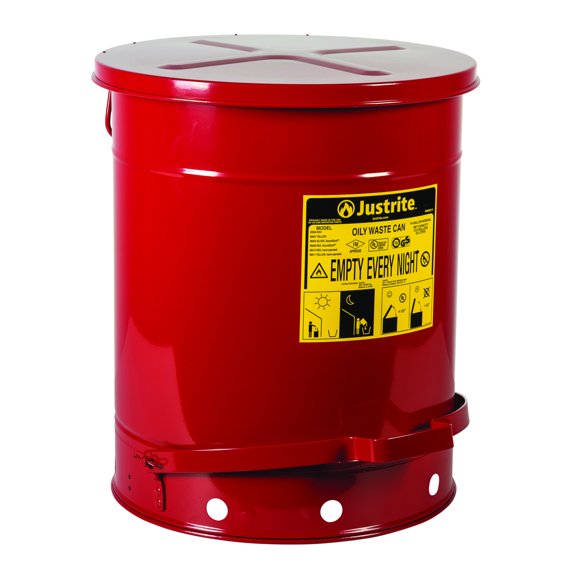 Justrite Oily Waste Can — 14 Gallon, Hands-Free, Self-Closing Cover, SoundGard, Red, Model# 09508